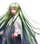  1boy bangs enkidu_(fate/strange_fake) eyebrows_visible_through_hair fate/strange_fake fate_(series) green_eyes green_hair jewelry long_hair long_sleeves looking_at_viewer necklace outstretched_arm parted_lips robe simple_background solo standing very_long_hair white_background white_robe wide_sleeves yosi135 