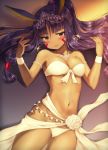  1girl animal_ears bikini blush breasts dark_skin earrings facial_mark fate/grand_order fate_(series) highres hoop_earrings jewelry long_hair looking_at_viewer lying navel nitocris_(fate/grand_order) nitocris_(swimsuit_assassin)_(fate) on_back purple_hair sarong solo swimsuit violet_eyes vsi0v white_bikini 