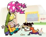  3boys annoyed blue_shoes candy cartoon_network ed_(ed_edd_n_eddy) ed_edd_n_eddy edd_(ed_edd_n_eddy) eddy_(ed_edd_n_eddy) expressionless food green_jacket haku_le hat holding jacket kitchen looking_at_another male_focus multiple_boys orange_shirt pants purple_shorts ribbon shirt shoes shorts simple_background smile yellow_shirt 