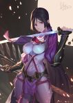  1girl bodysuit breasts fate/grand_order fate_(series) large_breasts li_chunfu long_hair looking_at_viewer minamoto_no_raikou_(fate/grand_order) purple_hair smile solo very_long_hair violet_eyes 