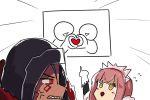  1boy 1girl blue_hair blush chibi commentary_request cu_chulainn_alter_(fate/grand_order) fate_(series) flying_sweatdrops heart heart_hands hood i-pan looking_at_another medb_(fate/grand_order) no_nose open_mouth pink_hair pointing red_eyes shaded_face sharp_teeth tattoo teeth tiara triangle_mouth white_background yellow_eyes 