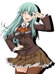  1girl aqua_hair ascot boots commentary_request epaulettes eyebrows_visible_through_hair grey_eyes hand_on_hip highres jacket kantai_collection long_hair looking_at_viewer one_eye_closed open_mouth rappa_(rappaya) school_uniform sidelocks skirt smile solo suzuya_(kantai_collection) thigh-highs white_background 