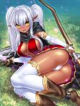  1girl ass black_panties blush boots bow_(weapon) breasts bridal_gauntlets cleavage cloak dark_elf dark_skin elf gloves large_breasts long_hair looking_at_viewer open_mouth original panties pointy_ears silver_hair single_glove skirt solo thigh-highs twintails underwear weapon yapo_(croquis_side) yellow_eyes 
