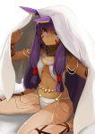  1girl animal_ears bangs barefoot blanket bracelet breasts closed_mouth collarbone commentary_request dark_skin date_(mamanonamaebot) egyptian egyptian_clothes eyebrows_visible_through_hair facial_mark fate/grand_order fate_(series) groin hair_between_breasts hair_tubes hairband hands_up highres jewelry lace-up long_hair looking_at_viewer low-tied_long_hair navel necklace nitocris_(fate/grand_order) purple_hair sidelocks simple_background sitting small_breasts smile solo stomach thighs veil very_long_hair violet_eyes wariza white_background 