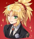  &gt;:) 1girl bangs black_jacket black_necktie eyebrows_visible_through_hair fate/apocrypha fate_(series) fhalei flower flower_ornament gem grey_rose jacket looking_at_viewer medium_hair necktie one_eye_closed parted_lips ponytail red_background rose saber_of_red scrunchie shirt signature simple_background smile solo sparkle tuxedo white_shirt 