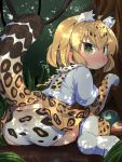  1girl :&lt; ass blonde_hair blush dappled_sunlight day elbow_gloves eyebrows_visible_through_hair forest from_behind fur_collar gloves grass highres jaguar_(kemono_friends) jaguar_ears jaguar_print jaguar_tail kemono_friends looking_at_viewer moyachii nature outdoors panties paw_pose print_legwear print_panties shade short_hair short_sleeves sitting solo sunlight sweatdrop thigh-highs tree underwear yellow_eyes 