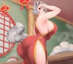  1girl :&lt; absurdres animal_ears armpits ass baozi bare_shoulders breasts china_dress chinese_clothes curvy dress eyebrows food grey_hair highres huge_ass huge_breasts inubashiri_momiji leaning_forward looking_at_viewer looking_back looking_down red_eyes short_hair sideboob solo tail thick_thighs thighs tochinoko touhou wolf_ears wolf_tail 