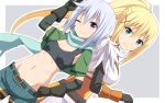  2girls ;) bike_shorts black_bra black_gloves black_shorts blonde_hair blue_eyes blue_scarf blue_shorts bra breasts chris_(konosuba) cleavage darkness_(konosuba) dutch_angle eyebrows_visible_through_hair gloves gotou_jin groin hair_between_eyes hair_ornament hand_on_hip head_tilt high_ponytail kono_subarashii_sekai_ni_shukufuku_wo! long_hair midriff multiple_girls navel one_eye_closed scar_on_cheek scarf short_hair_with_long_locks short_shorts shorts shorts_under_shorts sidelocks silver_hair small_breasts smile stomach underwear very_long_hair violet_eyes x_hair_ornament 