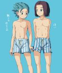  2boys adonis_belt besuyama black_hair blue_background blue_eyes blue_hair boxers camus_(dq11) dragon_quest dragon_quest_xi eye_contact hero_(dq11) highres looking_at_another male_focus multiple_boys short_hair simple_background spiky_hair striped_boxers torn_boxers torn_clothes underwear underwear_only 