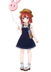  &gt;:) 1girl alternate_costume arm_at_side bag balloon bangs blue_dress blush braid brown_hat casual dress etorofu_(kantai_collection) fedora hat highres holding holding_balloon kantai_collection nuno_(pppompon) pigeon-toed redhead sandals shirt short_hair short_sleeves shoulder_bag simple_background socks solo twin_braids violet_eyes white_background white_legwear white_shirt 