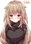  1girl bangs black_sweater blush breasts brown_eyes brown_hair character_name closed_mouth eyebrows_visible_through_hair hair_flaps half-closed_eyes large_breasts light_smile long_hair nogi_takayoshi original ribbed_sweater sidelocks simple_background solo sweater upper_body v_arms white_background 