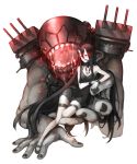  1girl bare_shoulders battleship_hime black_choker black_dress black_hair black_shoes breasts cannon choker closed_mouth commentary_request dress fhalei hair_between_eyes kantai_collection legband long_hair looking_to_the_side machinery mary_janes medium_breasts monster oni oni_horns red_eyes shinkaisei-kan shoes sitting skirt smile very_long_hair white_skirt wristband 