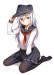  1girl :/ anchor_symbol between_legs black_legwear black_skirt blue_eyes commentary_request flat_cap full_body hair_between_eyes hand_between_legs hand_on_headwear hat hibiki_(kantai_collection) highres kantai_collection long_hair looking_at_viewer no_shoes pantyhose pleated_skirt school_uniform serafuku shiba_inu_(happy13227) silver_hair simple_background sitting skirt solo white_background 
