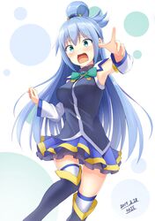  1girl aqua_(konosuba) armpits black_shirt blue_boots blue_eyes blue_hair blue_skirt boots detached_sleeve eyebrows_visible_through_hair hair_between_eyes highres index_finger_raised kaieee kono_subarashii_sekai_ni_shukufuku_wo! layered_skirt long_hair looking_at_viewer miniskirt open_mouth shirt skirt sleeveless sleeveless_shirt solo thigh-highs thigh_boots very_long_hair white_legwear 