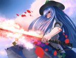  1girl blue_hair cacao_devil clouds cowboy_shot dress frilled_dress frills from_side glowing glowing_weapon hat highres hinanawi_tenshi holding holding_weapon leaf long_hair looking_at_viewer petals puffy_sleeves red_eyes sidelocks sky solo sword sword_of_hisou touhou weapon 