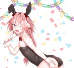  1boy ;d animal_ears arm_at_side ass bangs bare_arms bare_shoulders black_leotard blush bow bowtie braid bunnysuit commentary_request confetti detached_collar eyebrows_visible_through_hair fake_animal_ears fang fate/apocrypha fate/grand_order fate_(series) from_side hair_between_eyes hair_bow hair_ornament leaning_forward leotard long_hair looking_at_viewer one_eye_closed open_mouth pink_hair pointing pointing_at_self rabbit_ears red_bow red_bowtie rider_of_black rossa_(pixiv27548922) simple_background single_braid smile strapless strapless_leotard trap violet_eyes white_background wrist_cuffs 