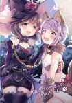  2girls :d animal_ears bdsm blue_eyes blush breasts brown_eyes brown_hair chains character_name chin_tickle chocho_(homelessfox) collar cover cover_page dog_collar dog_ears dog_tail doujin_cover dress elbow_gloves fur fur_trim gloves hair_flaps hat idolmaster idolmaster_cinderella_girls idolmaster_cinderella_girls_starlight_stage koshimizu_sachiko lace lace-trimmed_thighhighs leash looking_at_viewer medium_breasts multiple_girls name_tag nervous_smile open_mouth purple_hair sakuma_mayu short_hair smile tail thigh-highs witch_hat 