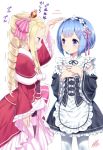  2girls beatrice_(re:zero) blonde_hair blue_eyes blue_hair capelet crown detached_sleeves dress drill_hair frilled_sleeves frills hair_ornament hair_over_one_eye hair_ribbon long_hair maid maid_headdress mini_crown multiple_girls pink_ribbon purple_ribbon re:zero_kara_hajimeru_isekai_seikatsu rem_(re:zero) ribbon ribbon-trimmed_clothes ribbon_trim striped striped_legwear twin_drills twintails white_background x_hair_ornament yasuyuki younger 