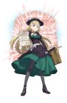  1girl :o black_hat black_legwear black_shoes black_umbrella blonde_hair blue_eyes bow braid briefcase building closed_umbrella dress flower full_body green_dress hat hat_flower highres holding holding_briefcase holding_paper long_hair looking_at_viewer monica_golding official_art pantyhose paper princess_principal princess_principal_game_of_mission shoes standing umbrella very_long_hair white_bow 