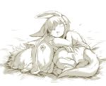  1girl animal_ears barefoot closed_eyes cr72 creature drooling eyebrows_visible_through_hair full_body furry hand_on_another&#039;s_head lying made_in_abyss mitty_(made_in_abyss) monochrome nanachi_(made_in_abyss) on_side open_mouth pants saliva sleeping tail topless 