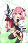  1boy absurdres black_bow bow braid cape fang fate/apocrypha fate/grand_order fate_(series) garter_straps hair_ribbon highres kirisame_mia multicolored_hair open_mouth otoko_no_ko pink_hair ribbon rider_of_black single_braid solo streaked_hair violet_eyes 