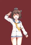  1girl brown_hair closed_eyes commentary cowboy_shot dress highres kantai_collection neckerchief open_mouth red_background sailor_dress salute shinkun short_hair smile solo thighs yellow_neckerchief yukikaze_(kantai_collection) 