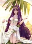  1girl :d animal_ears backlighting bangs barefoot big_hair blurry blurry_background blush breasts cleavage collarbone day earrings eyebrows_visible_through_hair facepaint fate/grand_order fate_(series) fingernails front-tie_bikini front-tie_top full_body hair_tubes highres hoop_earrings jewelry kneeling kyanoko_(rakalirica) leaf lifted_by_self long_hair looking_back low-tied_long_hair medium_breasts nail_polish necklace nitocris_(fate/grand_order) open_mouth outdoors palm_leaf pink_nails purple_hair pyramid sarong_lift smile solo sunlight thigh_gap thigh_strap upper_teeth very_long_hair violet_eyes white_bikini_top white_flower wristband 