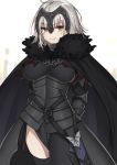  &gt;:) 1girl ahoge armor armored_dress bangs black_legwear blurry breasts cape capelet chains closed_mouth cowboy_shot depth_of_field fate/grand_order fate_(series) faulds fur_trim gauntlets headpiece jeanne_alter kuritomo large_breasts looking_at_viewer ruler_(fate/apocrypha) short_hair silver_hair solo thigh-highs yellow_eyes 