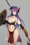  breasts choker cleavage grey_background hayabusa highres holding holding_shield holding_weapon horn long_hair navel open_mouth original polearm purple_hair see-through shield simple_background spear weapon yellow_eyes 