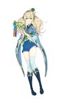  1girl bamboo blonde_hair blue_boots blue_pants boots crown fakepucco formation_girls full_body green_eyes highres isabelle_lancaster long_hair looking_at_viewer mini_crown official_art pants solo thigh-highs transparent_background twintails white_legwear 