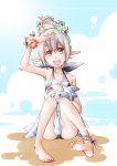  1girl beach ebi_puri_(ebi-ebi) fire_emblem fire_emblem_if flower grey_eyes grey_hair hair_bun hair_flower hair_ornament hand_on_own_head kanna_(fire_emblem_if) open_mouth pointy_ears school_swimsuit solo swimsuit wristband 