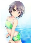  1girl bikini black_eyes blush flat_chest grey_hair idolmaster idolmaster_cinderella_girls looking_at_viewer nannacy7 otokura_yuuki pool short_hair smile solo swimsuit 