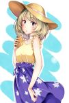  1girl absurdres blonde_hair blue_eyes blush breasts cup eyebrows_visible_through_hair floral_print green_eyes hat heterochromia highres holding holding_cup medium_breasts mole mole_under_eye purple_skirt shirt short_hair skirt solo standing straw_hat sun_hat ukkii yellow_shirt 