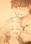 1boy 1girl amaama_to_inazuma black_hair blush closed_eyes father_and_daughter feral_lemma glasses greyscale happy inuzuka_kouhei inuzuka_tsumugi long_hair looking_at_another monochrome necktie open_mouth sepia short_hair simple_background smile spoon 