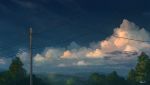  blue_sky clouds cloudy_sky commentary_request day feel_(nasitaki) forest nature no_humans original outdoors power_lines scenery signature sky telephone_pole tree 