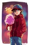  1boy baseball_cap black_hair blue_eyes blurry bokeh character_name closed_mouth cotton_candy cowboy_shot cr72 dc_comics depth_of_field glasses hand_in_pocket hat jacket jonathan_kent looking_at_viewer male_focus outline red_jacket short_hair solo 