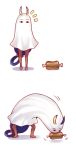  &lt;o&gt;_&lt;o&gt; /\/\/\ absurdly_long_hair animal_ears barefoot blanket blue_hair boned_meat cosplay ears_through_headwear eating fate/grand_order fate_(series) food kaonashi long_hair looking_down low-tied_long_hair meat medjed medjed_(cosplay) motion_lines multiple_views nitocris_(fate/grand_order) parody rabbit_ears simple_background squatting standing tomoyohi very_long_hair walking white_background 