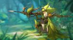  absurdres aiming bow_(weapon) crossbow dofus forest gloves green_gloves hat highres knee_pads krosmaga leaf_clothing long_nose nature one_eye_closed one_knee pauldrons scope solo wakfu weapon xavier_houssin 