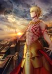  1boy absurdres armor blonde_hair clouds earrings fate_(series) gilgamesh hair_between_eyes highres jewelry kuraka lens_flare outdoors outstretched_arms red_eyes solo tattoo 