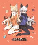  2girls animal animal_ears black_gloves black_ribbon black_skirt blackberry_(fruit) blonde_hair blue_jacket blue_legwear commentary_request copyright_name cup egg eyebrows_visible_through_hair ezo_red_fox_(kemono_friends) food fork fox fox_ears fox_tail fruit fur_trim gloves hair_between_eyes jacket kemono_friends knife long_hair long_sleeves looking_at_viewer milk milk_carton multiple_girls orange_background orange_eyes orange_jacket pantyhose pleated_skirt pointing pointing_at_viewer rednian ribbon shoes silver_fox_(kemono_friends) silver_hair sitting skirt tail tea teacup wariza white_ribbon white_skirt 