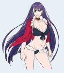  1girl ass_visible_through_thighs bikini blue_background breasts choker clenched_hands collarbone earrings fate/grand_order fate_(series) frilled_bikini frills green_eyes jacket jewelry long_hair open_clothes open_jacket purple_hair rosary saint_martha saint_martha_(swimsuit_ruler)_(fate) simple_background solo swimsuit very_long_hair yosi135 