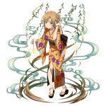  1girl anklet asuna_(sao) brown_hair fireworks floral_print flower full_body hair_flower hair_ornament highres holding japanese_clothes jewelry kimono long_hair long_sleeves microphone official_art orange_eyes platform_footwear sandals sidelocks smile solo sword_art_online transparent_background updo 
