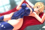  1girl ahoge armpits artoria_pendragon_(all) artoria_pendragon_(lancer) bare_shoulders blonde_hair blue_legwear blue_leotard blush braid breasts cape cleavage closed_mouth commentary_request covered_navel crown damao_yu eyebrows_visible_through_hair eyes_visible_through_hair fate/grand_order fate_(series) fur_trim green_eyes highleg highleg_leotard highres indoors large_breasts leotard looking_at_viewer lying on_back on_floor petals red_cape revision smile solo thigh-highs 