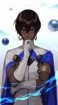 1boy arjuna_(fate/grand_order) armlet brown_eyes brown_hair cape closed_mouth crossed_arms dark_skin dark_skinned_male elbow_gloves fate/grand_order fate_(series) fhalei finger_to_chin gloves highres jacket looking_at_viewer magic male_focus smile solo standing turtleneck upper_body white_gloves white_jacket