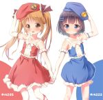  2girls :o arm_up bangs bare_shoulders beret blue_eyes blue_hat blue_shirt blue_skirt blunt_bangs blush bow brown_eyes brown_hair brown_ribbon collarbone commentary_request elbow_gloves eyebrows_visible_through_hair frilled_gloves frilled_shirt frilled_skirt frills gloves hair_ornament hair_ribbon hairclip hand_on_headwear hands_together hat leg_ribbon light_brown_hair long_hair looking_at_viewer multiple_girls open_mouth original parted_lips personification ramble red_ribbon red_shirt red_skirt ribbon shirt simple_background skirt skirt_set sleeveless sleeveless_shirt standing standing_on_one_leg thigh-highs twintails upper_teeth white_bow white_gloves white_legwear 
