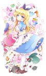  1girl :p @_@ absurdres ace_of_hearts ace_of_spades alice_(wonderland) alice_in_wonderland animal apron bangs bird blonde_hair bloomers blue_bow blue_dress blue_eyes blue_ribbon blush bow brown_shoes card cat caterpillar caterpillar_(wonderland) character_name cheshire_cat club_(shape) commentary cookie cup diamond_(shape) dress drink_me eat_me english eyebrows_visible_through_hair flamingo flower food frilled_apron frills from_side full_body glass_bottle hair_ribbon hat head_tilt heart hedgehog highres humpty_dumpty key looking_at_viewer looking_to_the_side mushroom pantyhose petals plant playing_card pocket pocket_watch puffy_short_sleeves puffy_sleeves rabbit red_rose ribbon rose saucer shoes short_sleeves smile spade_(shape) star sugar_cube tea teacup teapot thorns tongue tongue_out top_hat tsukiyo_(skymint) underwear vines watch white_apron white_legwear white_rabbit wrist_cuffs 