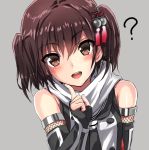  1girl :d ? bangs black_gloves black_neckerchief blush brown_eyes brown_hair double-breasted elbow_gloves eyebrows_visible_through_hair finger_to_cheek fingerless_gloves fishnets gloves grey_background hair_ornament hairpin head_tilt index_finger_raised kantai_collection looking_at_viewer neckerchief open_mouth remodel_(kantai_collection) round_teeth scarf school_uniform sendai_(kantai_collection) serafuku shiny shiny_skin short_hair short_twintails simple_background sleeveless smile solo tassel teeth tooi_aoiro twintails upper_body white_scarf 