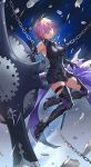  1girl armor armored_boots armpits black_legwear black_leotard boots breasts breasts_apart chains fate/grand_order fate_(series) full_body hair_over_one_eye high_heel_boots high_heels kongxin_dian leotard looking_at_viewer medium_breasts purple_hair shielder_(fate/grand_order) short_hair solo thigh-highs violet_eyes 