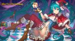  1girl absurdres blue_eyes blue_hair boots breasts brown_boots brown_gloves candy candy_cane character_name cleavage eyebrows_visible_through_hair food gift gloves hat hatsune_miku high_heel_boots high_heels highres hongse_beiyu knee_boots large_breasts looking_at_viewer navel one_eye_closed red_hat red_legwear santa_costume santa_hat sitting solo thigh-highs vocaloid 