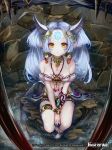  1girl bare_shoulders barefoot blue_hair bracelet breasts cleavage copyright_name earrings facial_mark feathers force_of_will forehead_mark hair_ornament horns jewelry long_hair medium_breasts midriff navel necklace official_art pisuke pointy_ears rock sitting solo sparkle twintails yellow_eyes 